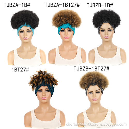 Wholesale Ombre Cheap Turban Afro Wig Afro Wig Short Heat Resistant Fluffy Synthetic Wig With Headband Attached For Women